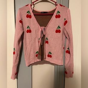 (SOLD) Nikka K Y2K Style Tie Front Pink Allover Cherry Cardigan Medium